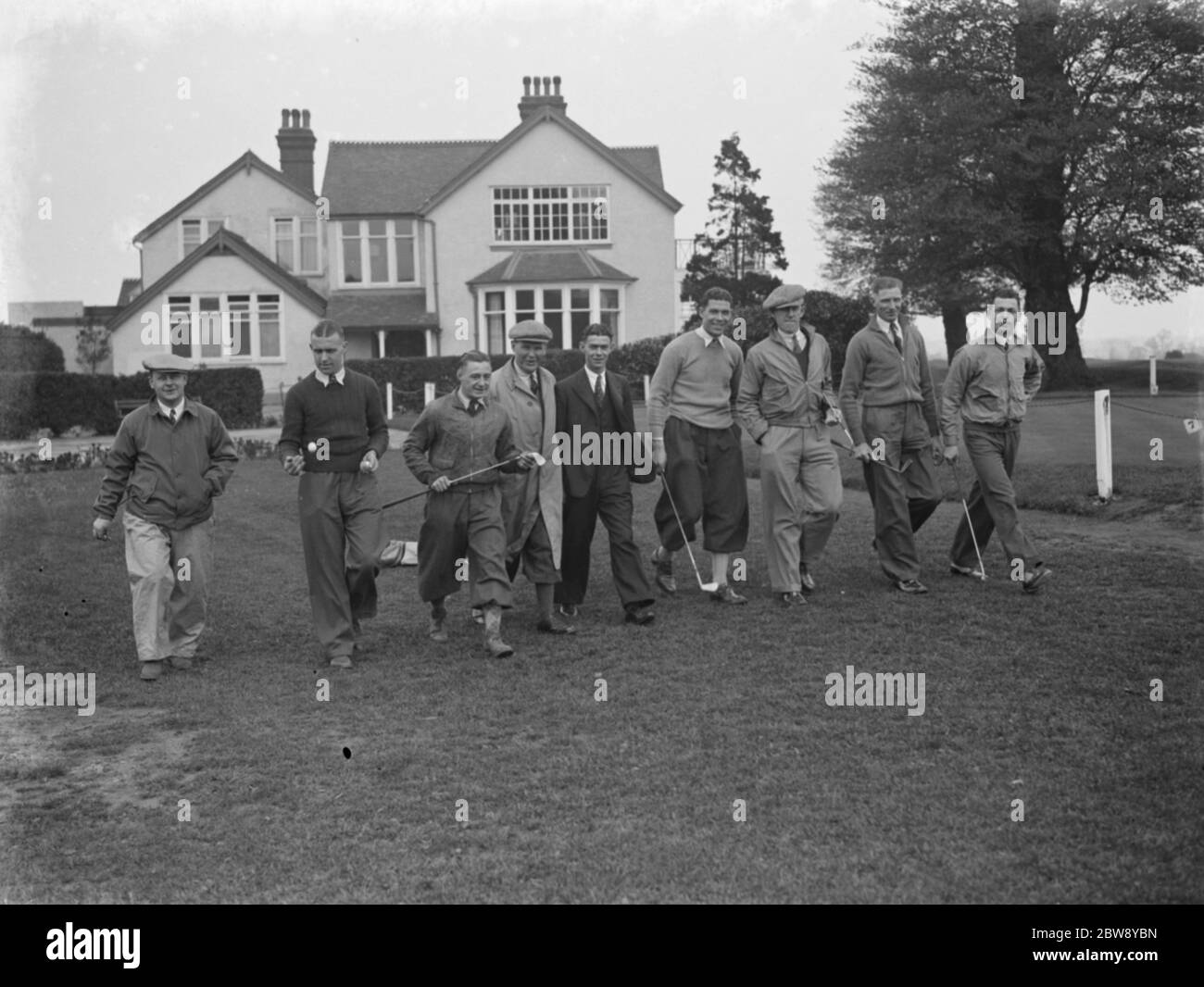 Millwall footballers enjoy a break from the pitch and relax on the Beckenham golf course . Jack Sykes , Jimmy Forsyth , Fisher , Jack Macleod , P C Smith , P C Kerry . 1939 Stock Photo