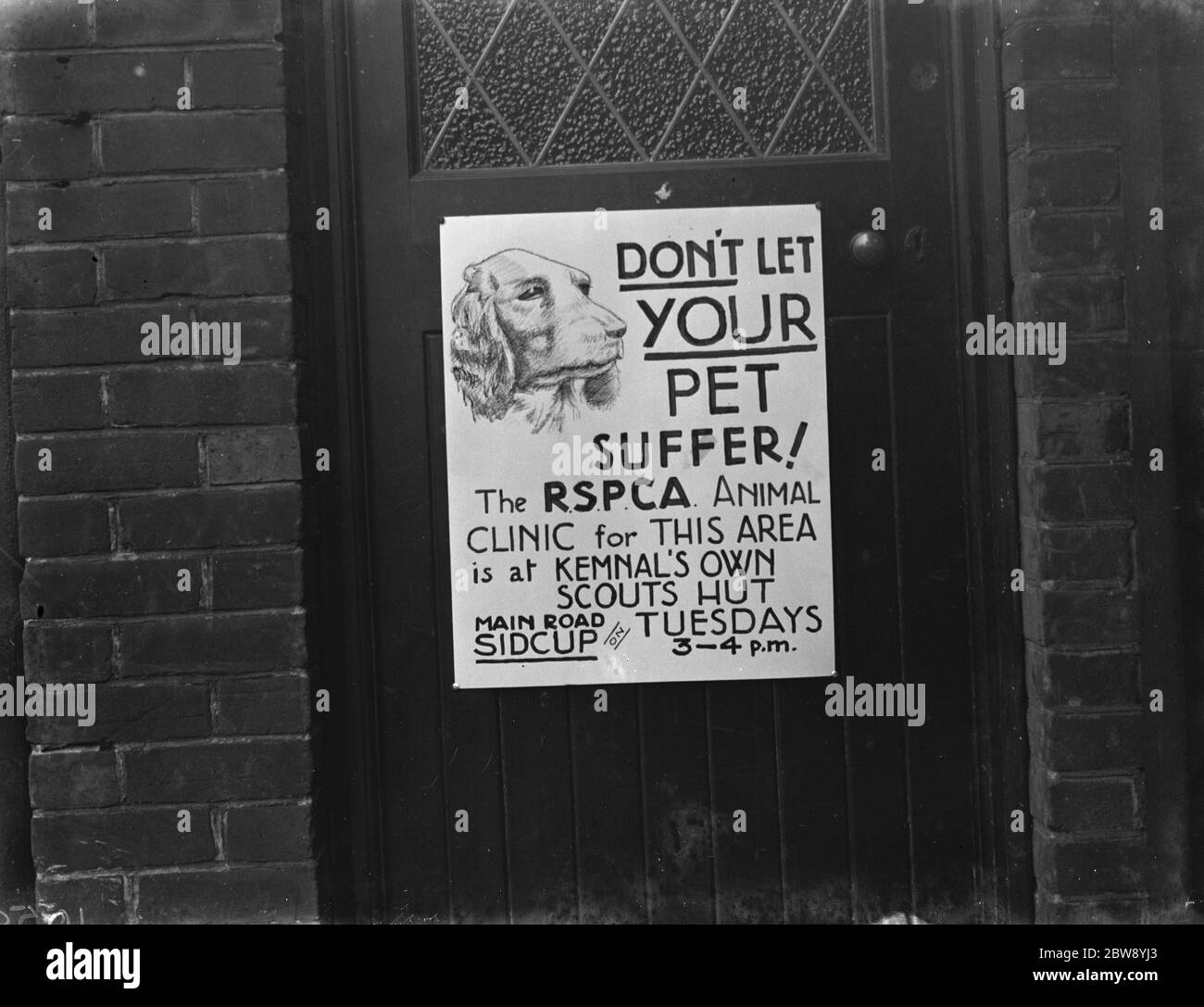 A photo of an RSPCA poster on a door around Sidcup , Kent . 1939 Stock ...