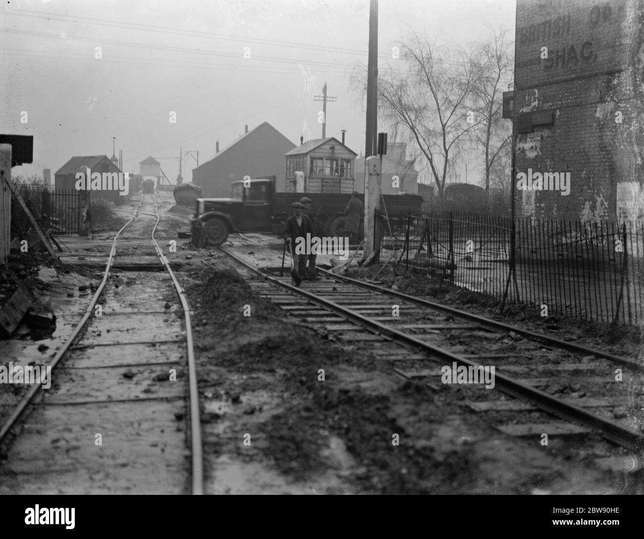 Railway and road repairs taking place at Westwood Erith , London . 1937 Stock Photo