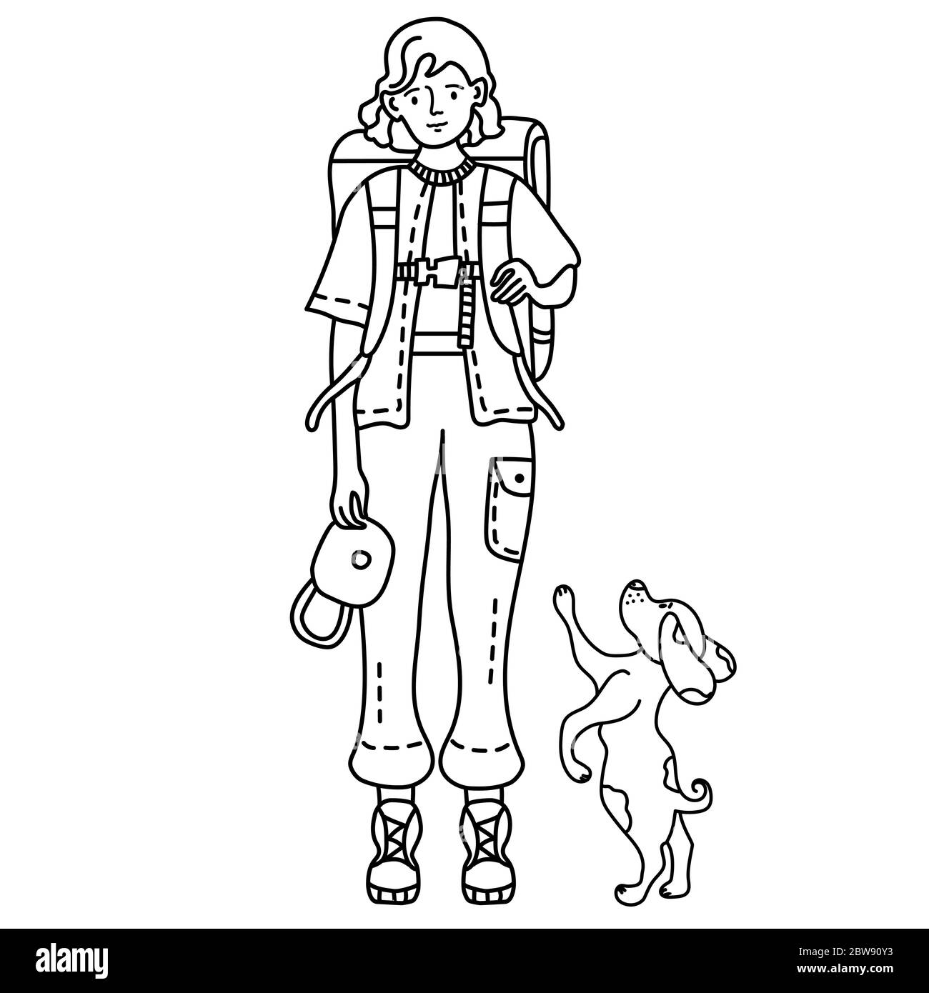 Line drawing doodle. A girl in pants with pockets stands with a backpack behind her back in her cap. Next to her is a dog. Travel, sport, training Stock Vector