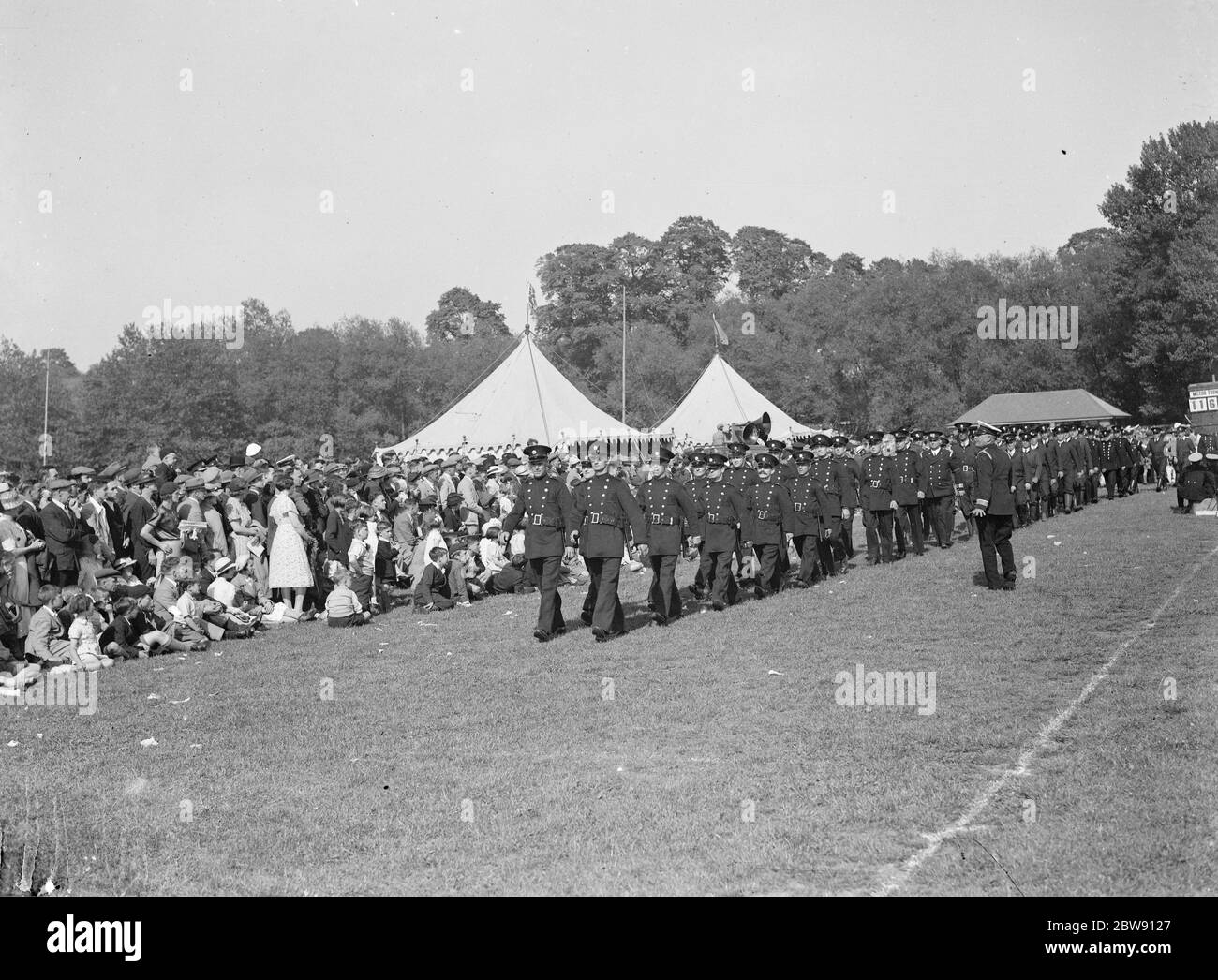 The National Fire Brigade tournament . The Auxiliary Fire Service recruits parade . 1939 Stock Photo