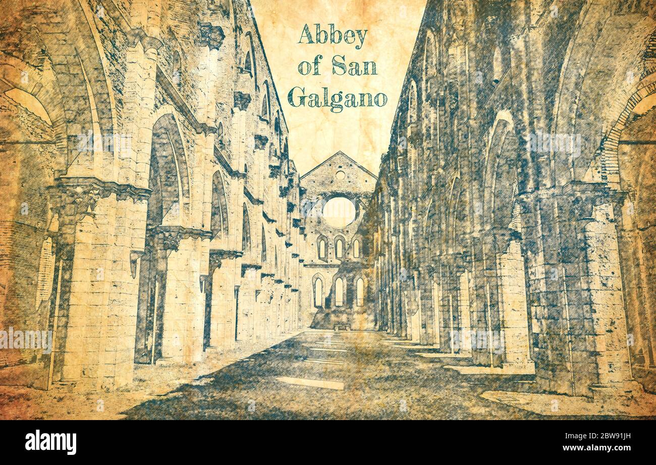 Sketch of Abbey of San Galgano on old paper Stock Photo