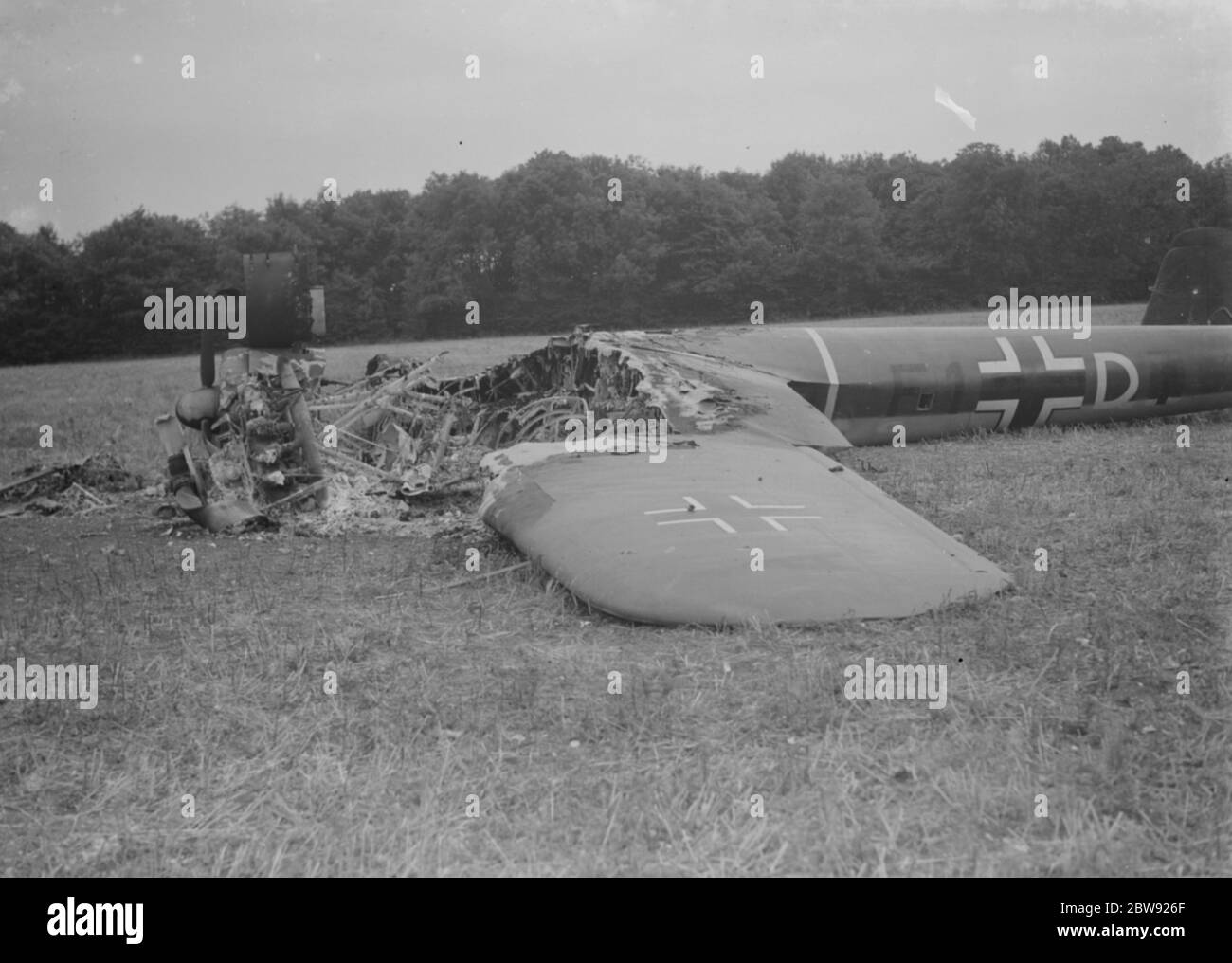 A Dornier Do 17 of 9 Staffel ( Squadron ), Kampfgeschwader 76 ( Bomber Wing 76 ). The bomber was shot down by Hawker Hurricane fighter aircraft of No. 111 Squadron RAF . It crash landed near RAF Biggin Hill . On this day the Luftwaffe began an all-out effort to severely damage Fighter Command , by bombing their airfields . 18 August 1940 . Stock Photo