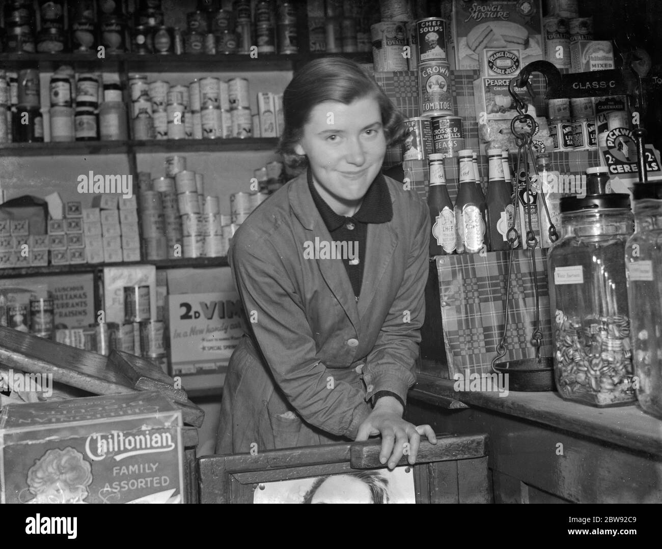 Miss Joan Hunt , Post Mistress at the Post Office in Victoria Street , Gillingham, Kent . 1938 Stock Photo