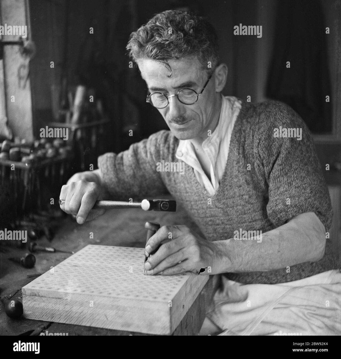 Block making in Wilmington , Kent . Mr E G Hitchens a blockmaker at work . 27 April 1939 Stock Photo