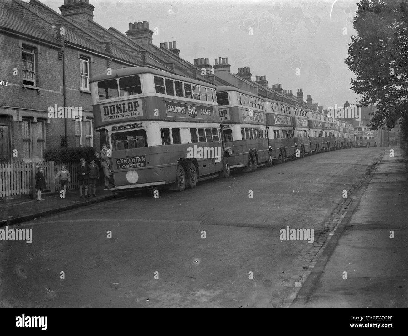 London Transport buses parked in a side street in Sidcup , Kent . 1939 Stock Photo
