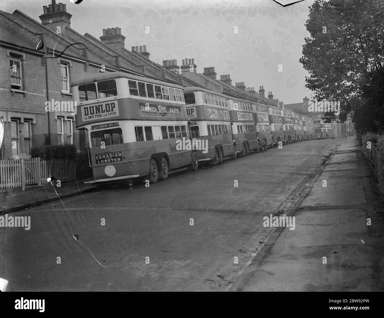 London Transport buses parked in a side street in Sidcup , Kent . 1939 Stock Photo