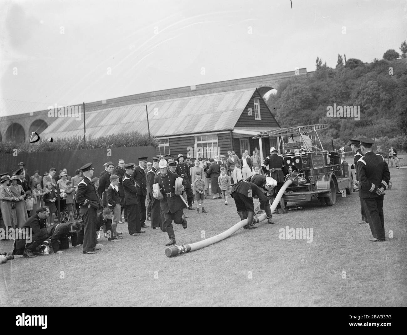 Fire brigade demonstration in Horton Kirby , Kent . 1936 Stock Photo