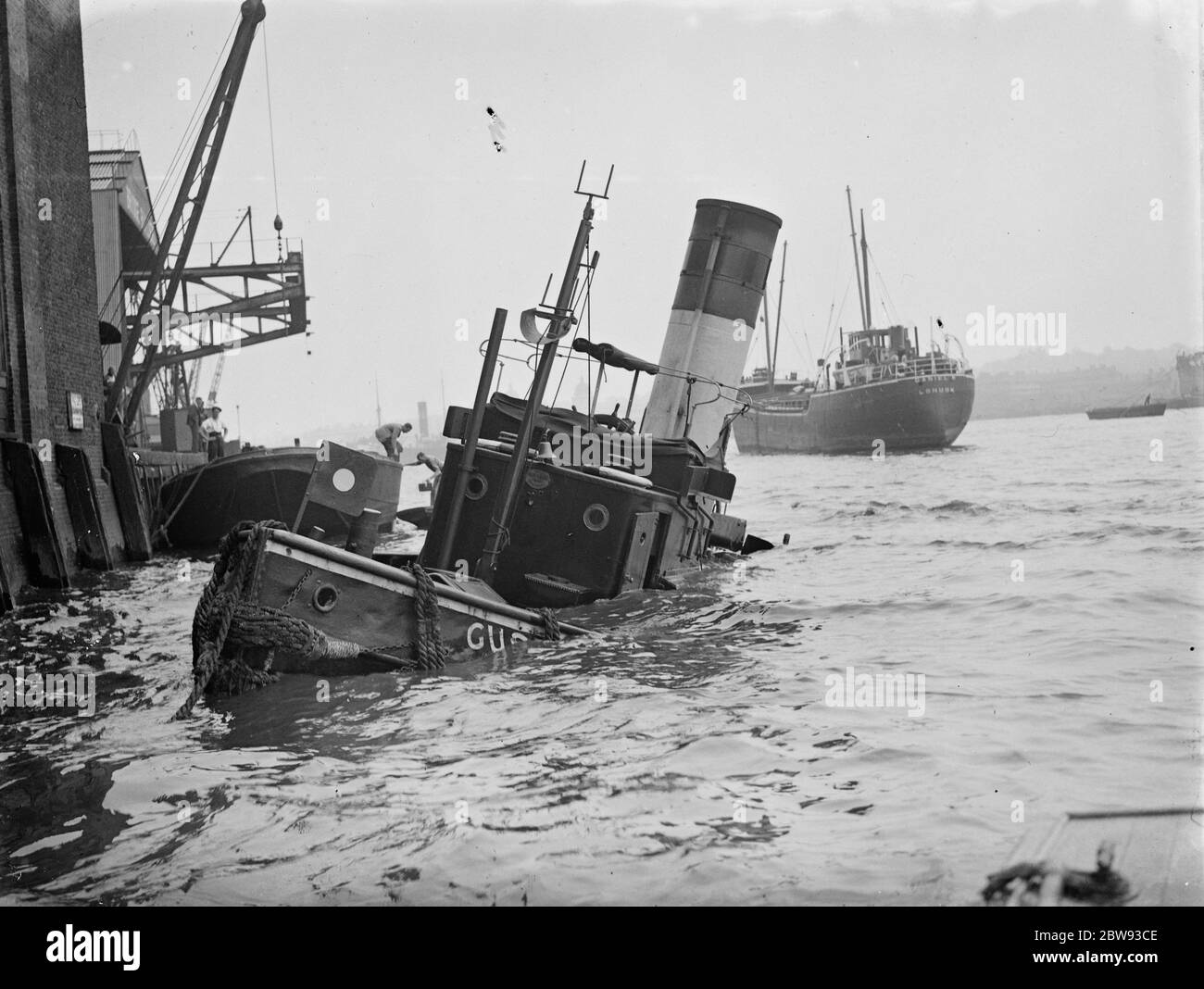 The prow of ' Gusty ' a tug sunk after a collision on the River Thames at Greenwich , London . 1939 Stock Photo