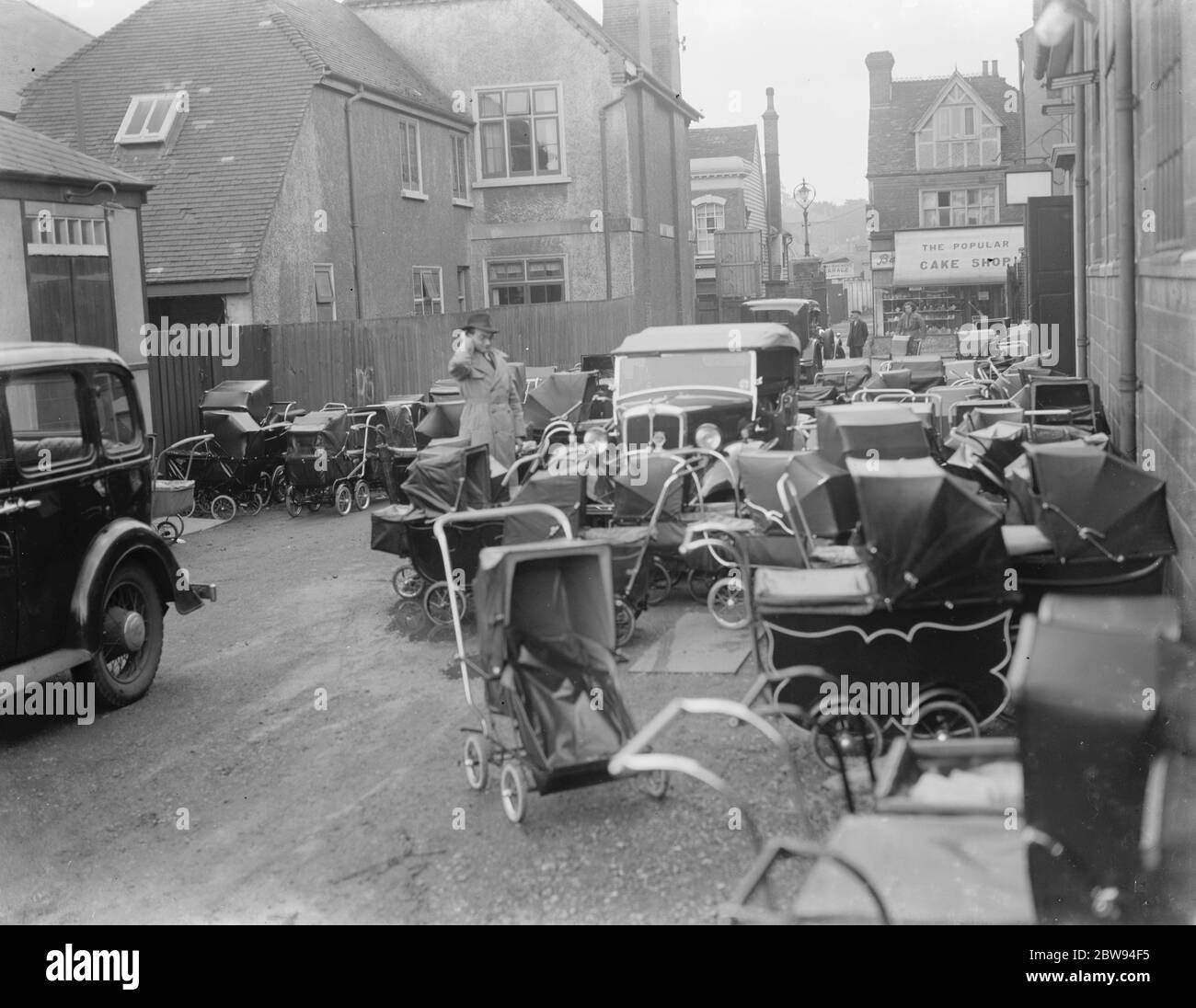 Prams outside a hall in Dartford , Kent , where the baby show is taking place . 1938 Stock Photo
