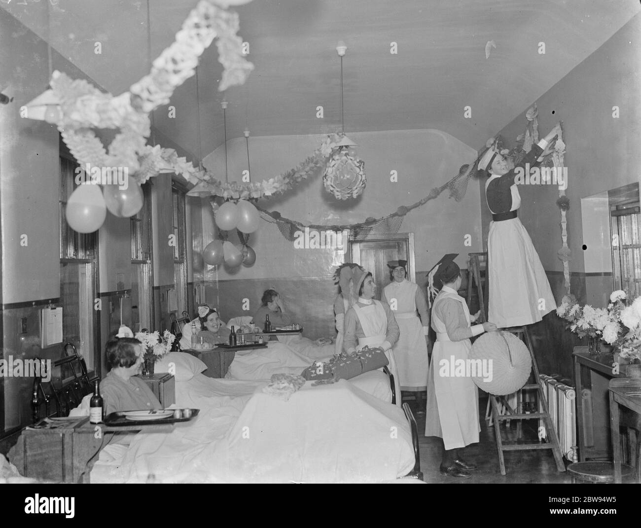 Christmas decorations at the Bexley Cottage Hospital in Bexley , London . 1936 Stock Photo
