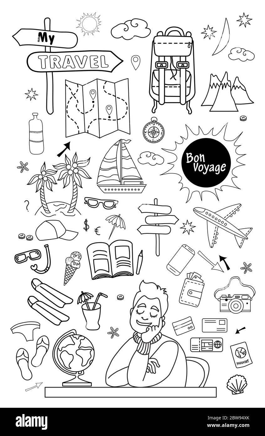 Bon voyage. Doodle set of vector linear travel doodles. Travel concept on a white background with a dreaming man sitting at a table. Nearby are many Stock Vector
