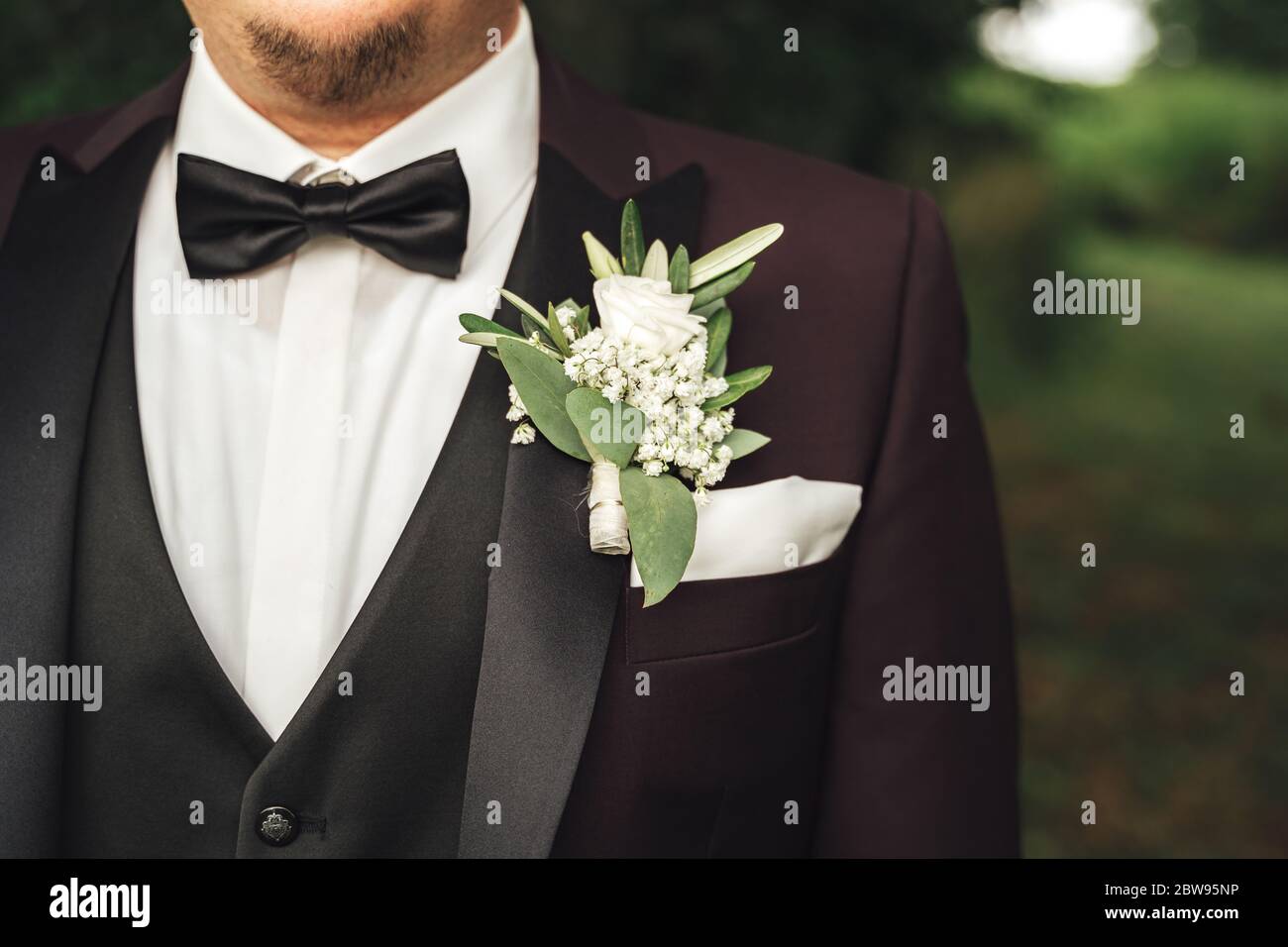 Close up of white rose wedding boutonniere on groom's lapel of black suit. Outdoor photo, blurred green foliage background. Wedding day concept. Stock Photo
