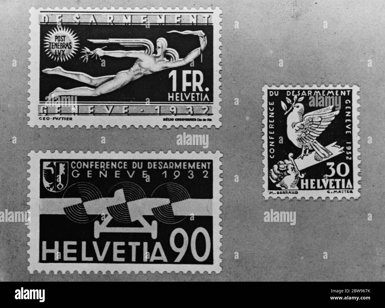 Switzerland issues special stamps for the disarmament conference . A special series of postage stamps were issued by Switzerland for the World disarmament conference at Geneva . Some of the new disarmament postage stamps . 9 February 1932 Stock Photo