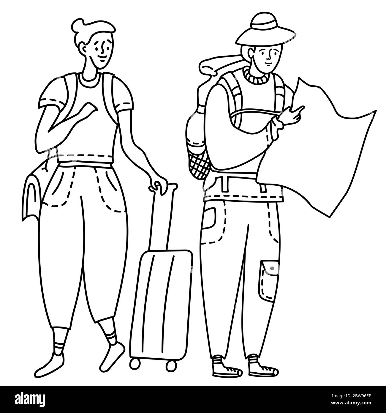 Linear drawing doodles girl and guy tourists. She has a bag on her shoulder and a suitcase on wheels. He is with a backpack and a map in his hands Stock Vector