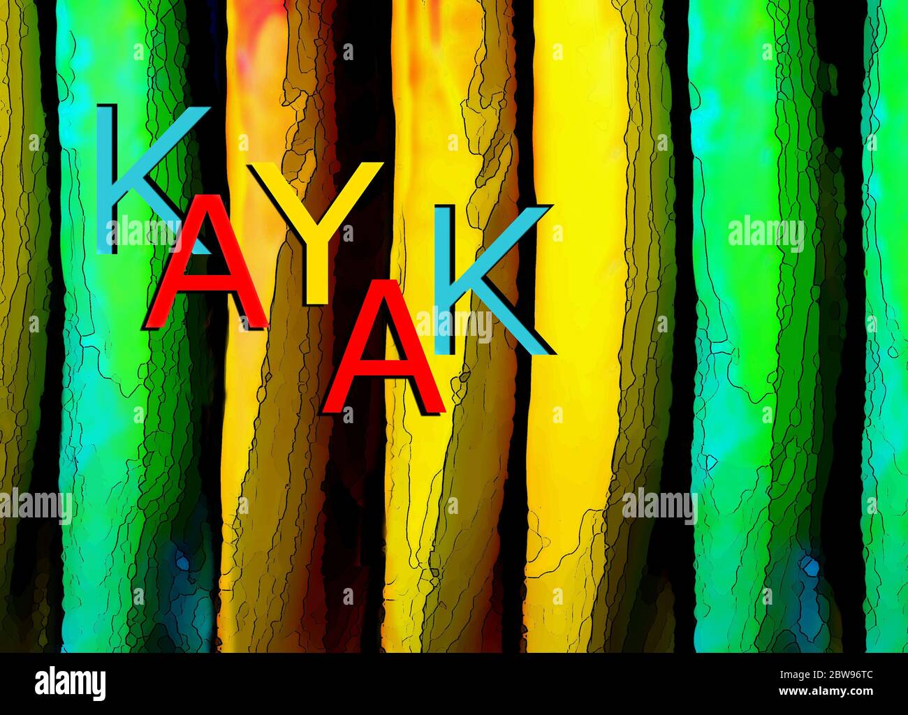 Artistic rendering of a rack of kayaks has vibrant colors and letters