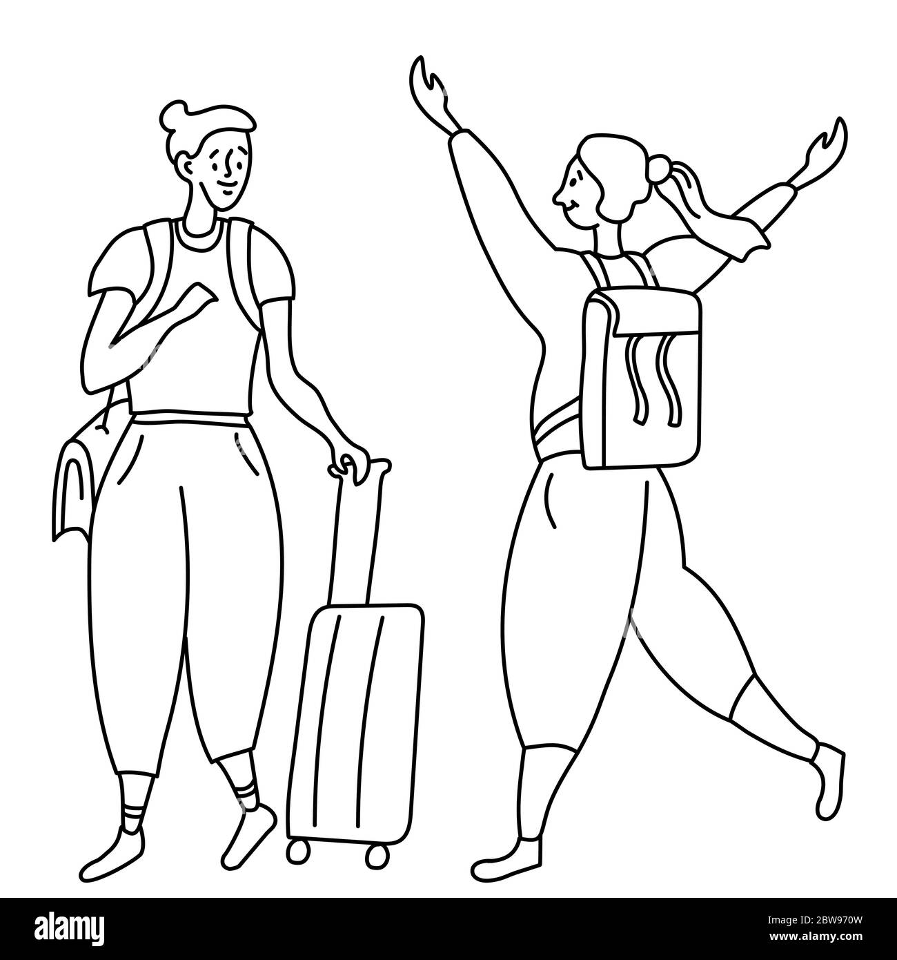 Line drawing karakul two joyful girls tourists. One with a bag on his shoulder and a suitcase on wheels. The second with a backpack. Doodle set. Stock Vector