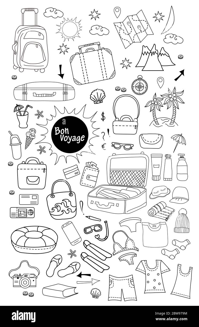 Bon voyage. Doodle set of vector linear drawings of things for travel and leisure. Travel concept on a white background - luggage, suitcases, bags Stock Vector