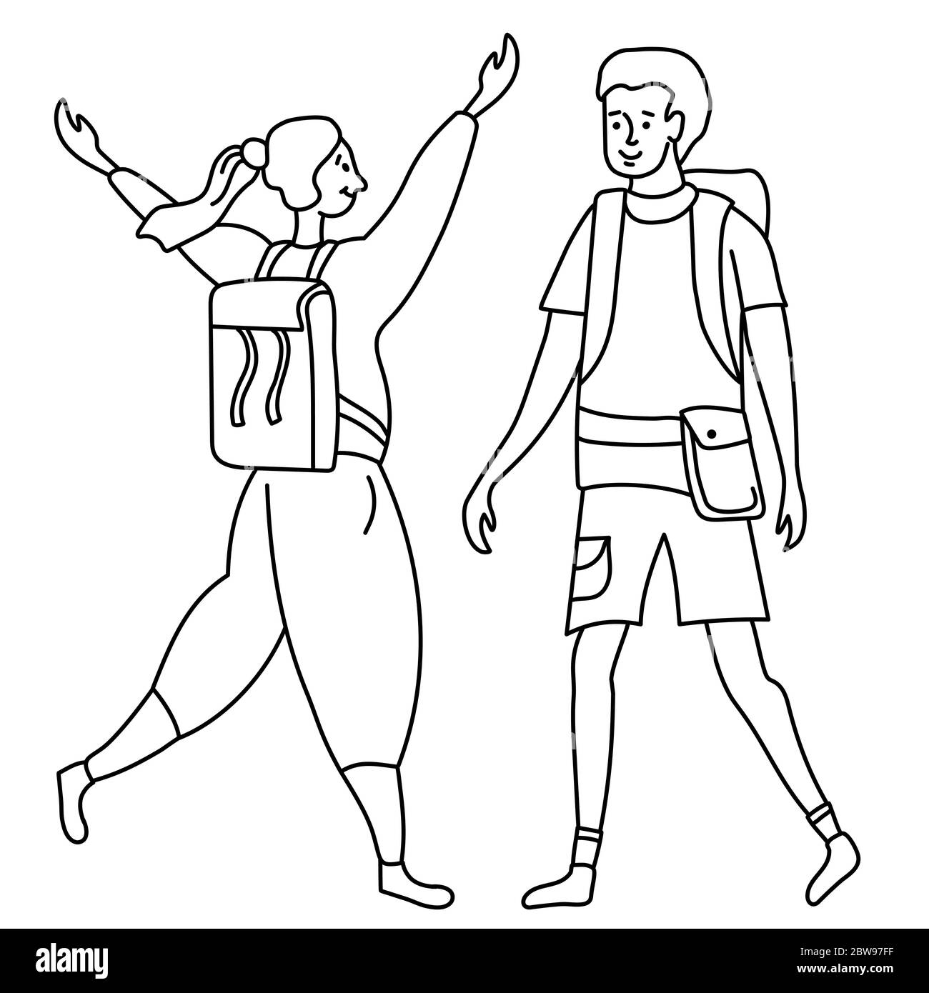 Linear outline drawing girl and guy tourists. She rejoices at the meeting, raised her hands and a backpack on her back. He is with a backpack behind Stock Vector