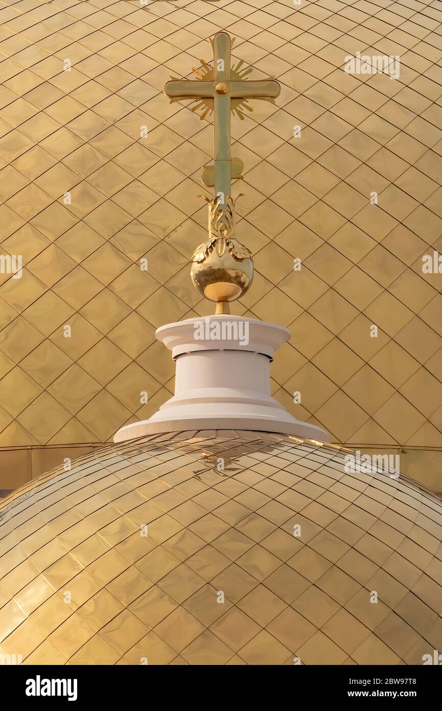 close up view of golden domes of the Russian Orthodox Church with a ...