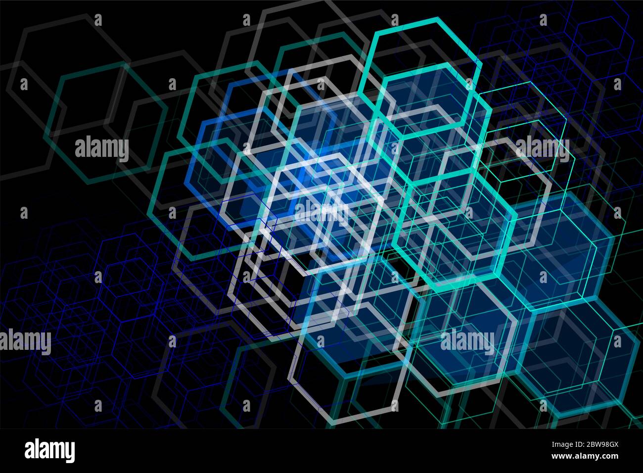 Blue geometric hexagons elements on black background Stock Vector