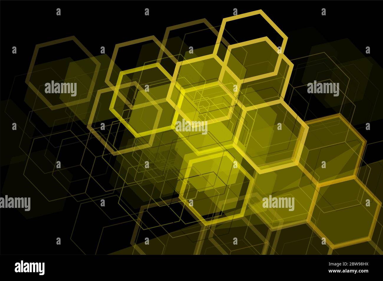 Yellow geometric hexagons elements on black background Stock Vector