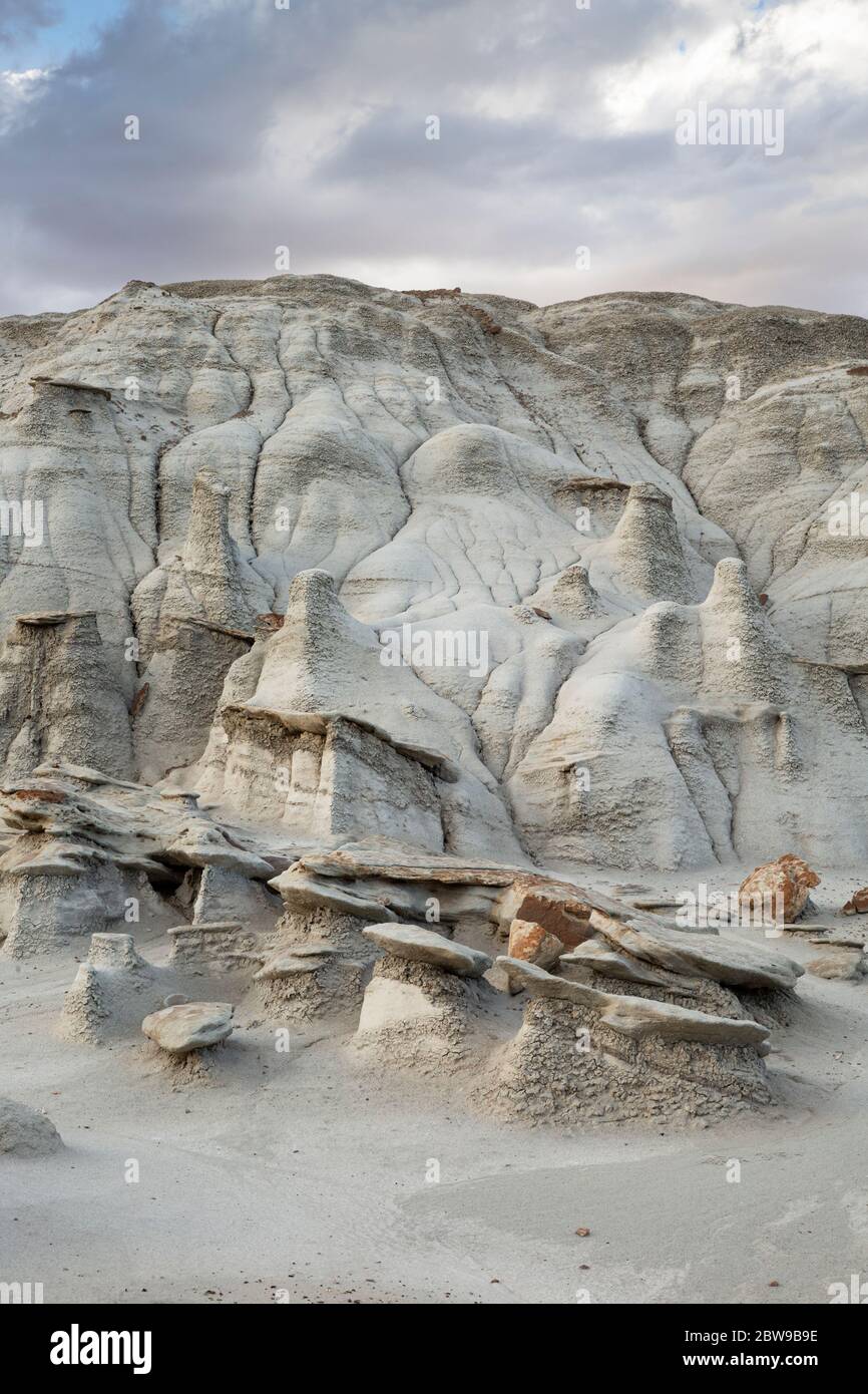 NM00270-00...NEW MEXICO - Light-colored, layered, sandstone at sunset in the Bisti Wilderness. Stock Photo