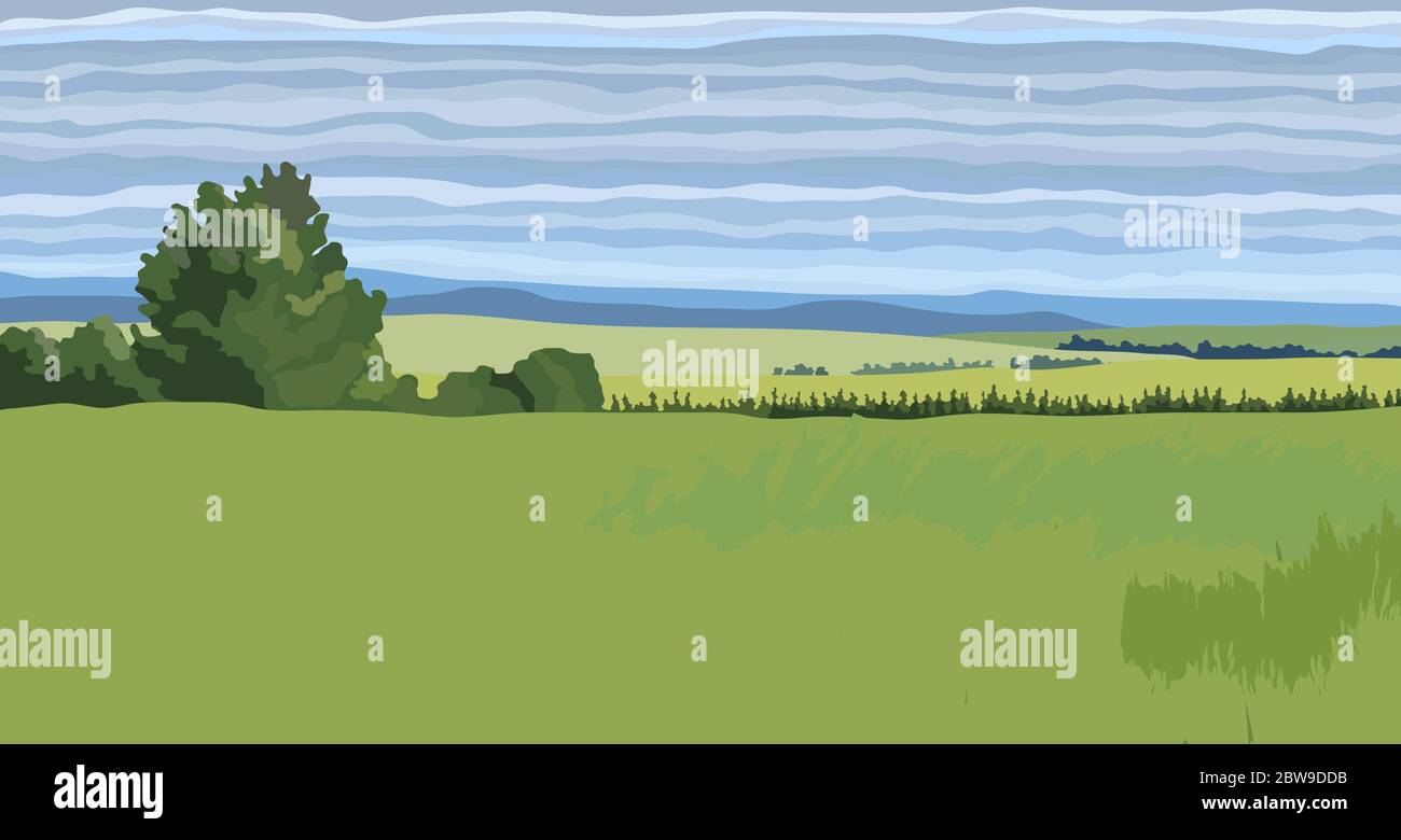Vector landscape high voltage transmission line with pylons Stock Vector