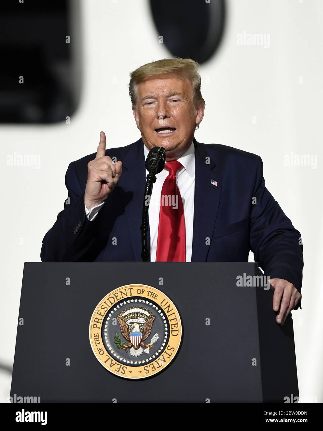 Kennedy Space Center, United States. 30th May, 2020. President Donald Trump makes remarks following the launch of the first crewed NASA/SpaceX mission from the Kennedy Space Center on Saturday, May 30, 2020. Photo by Joe Marino/UPI Credit: UPI/Alamy Live News Stock Photo