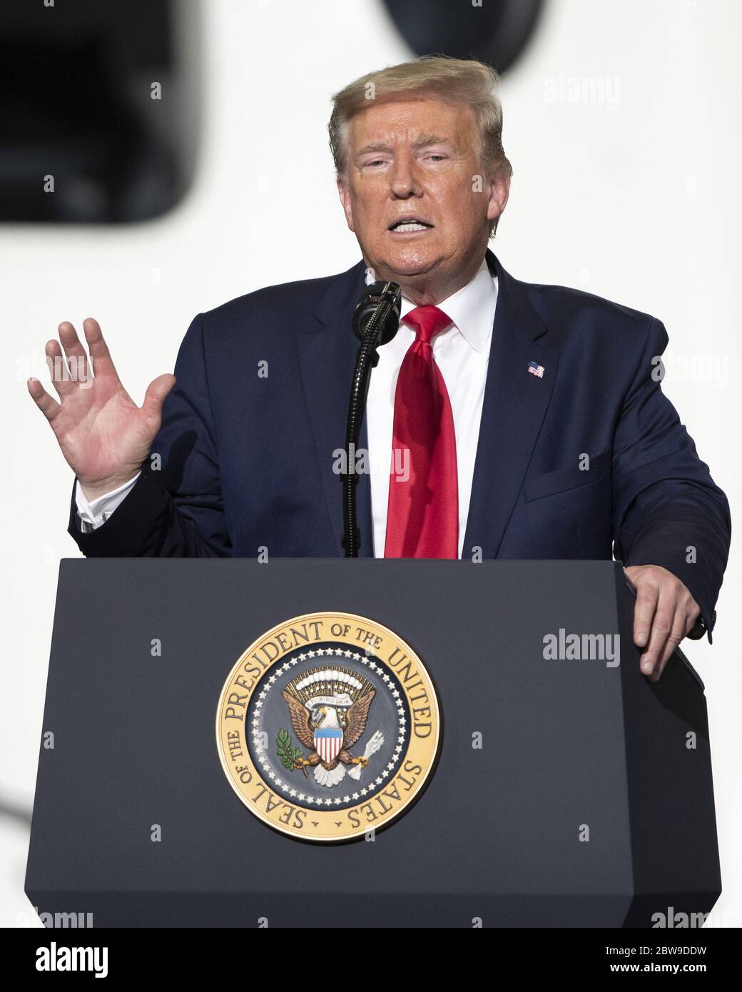 Kennedy Space Center, United States. 30th May, 2020. President Donald Trump makes remarks following the launch of the first crewed NASA/SpaceX mission from the Kennedy Space Center on Saturday May 30, 2020. Photo by Joe Marino/UPI Credit: UPI/Alamy Live News Stock Photo