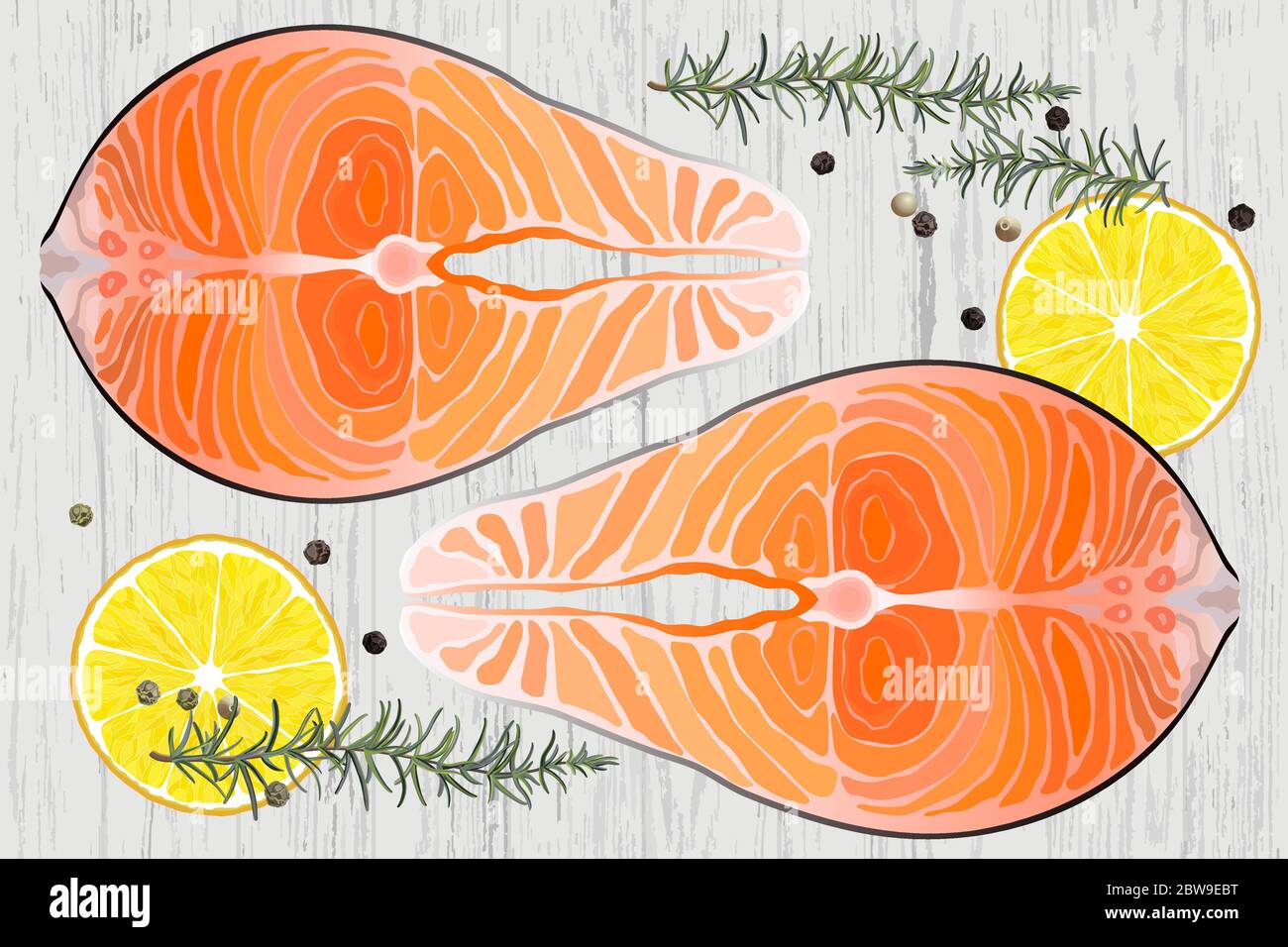 Salmon raw steak red fish top view vector illustration Stock Vector