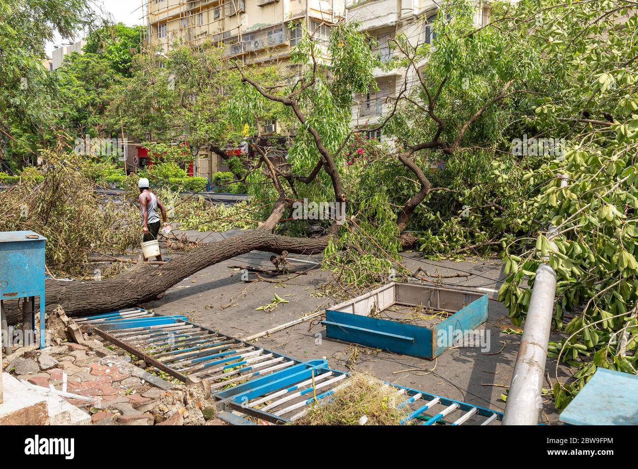 Cyclonic storm destruction with damaged electric poles, sign boards and uprooted tree trunks blocking main city road at Kolkata, India Stock Photo