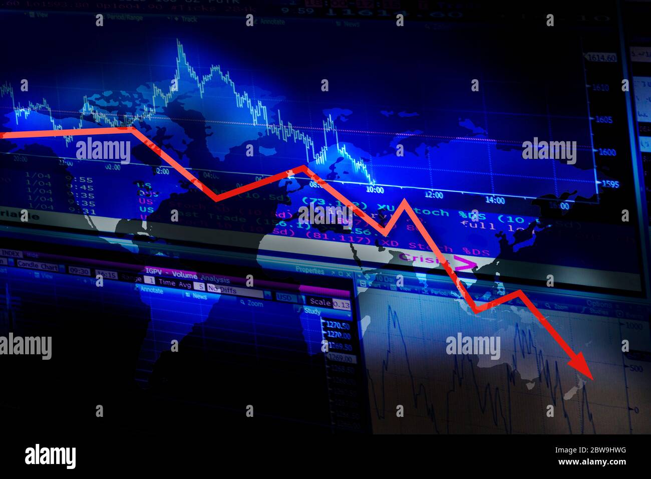 Stock market data and graph moving down Stock Photo