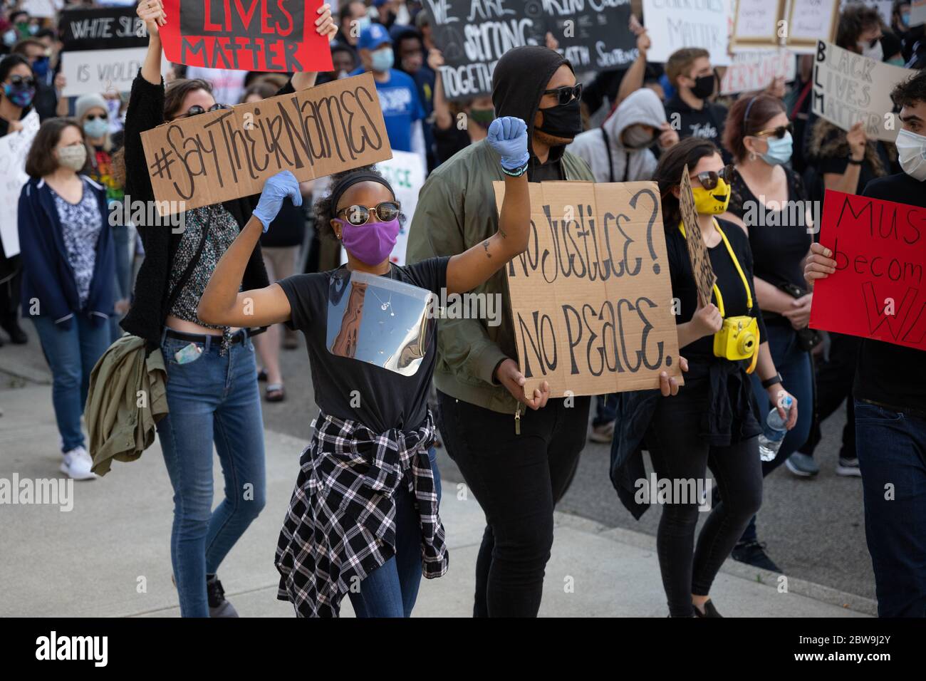 Grand Rapids, Michigan, May 30, 2020: Thousands gathered in downtown Grand Rapids to protest police brutality and the death of George Floyd. Stock Photo