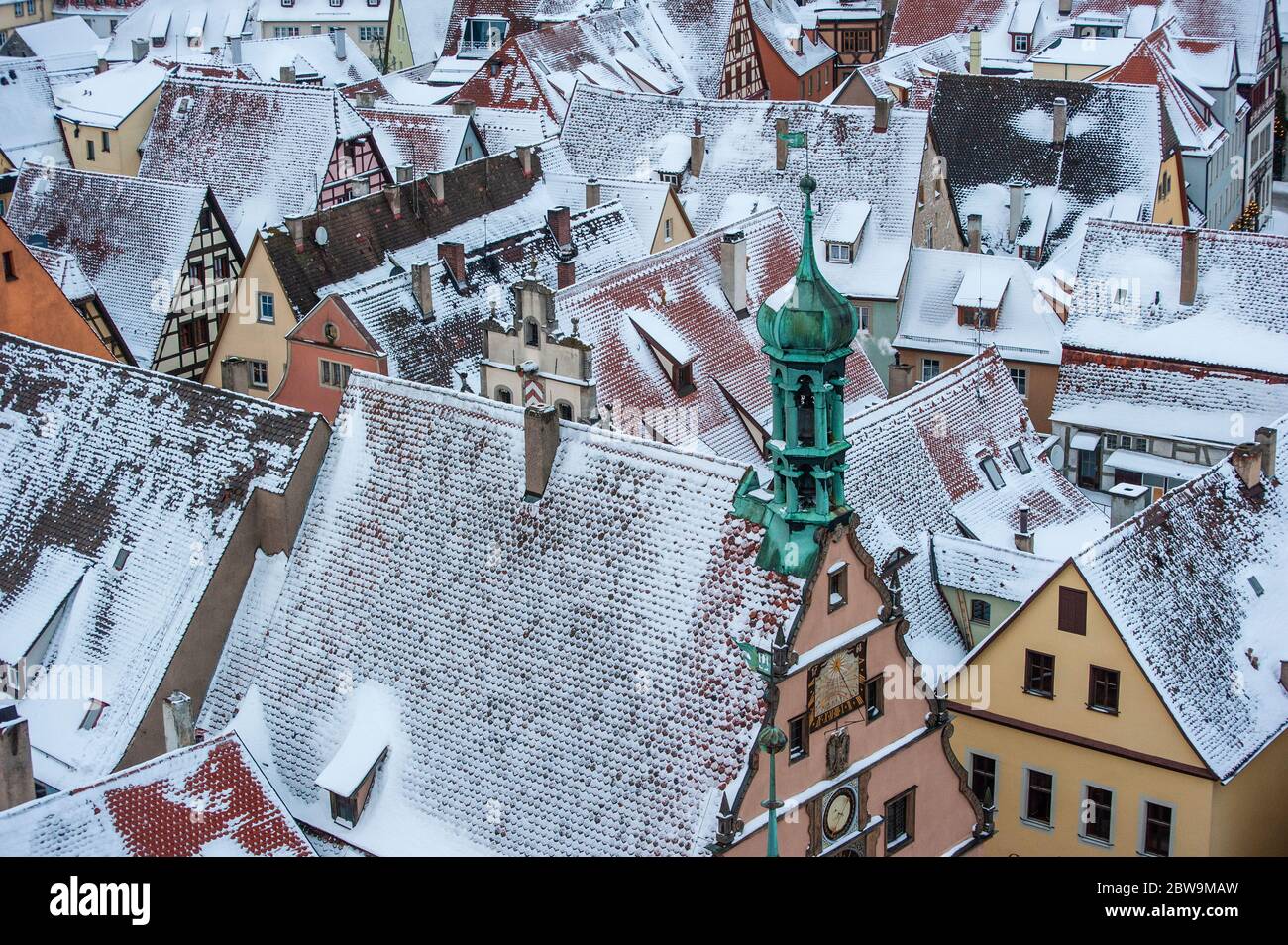 Germany, Rothenberg au Tauber, Roofs of old town buildings in snow Stock Photo