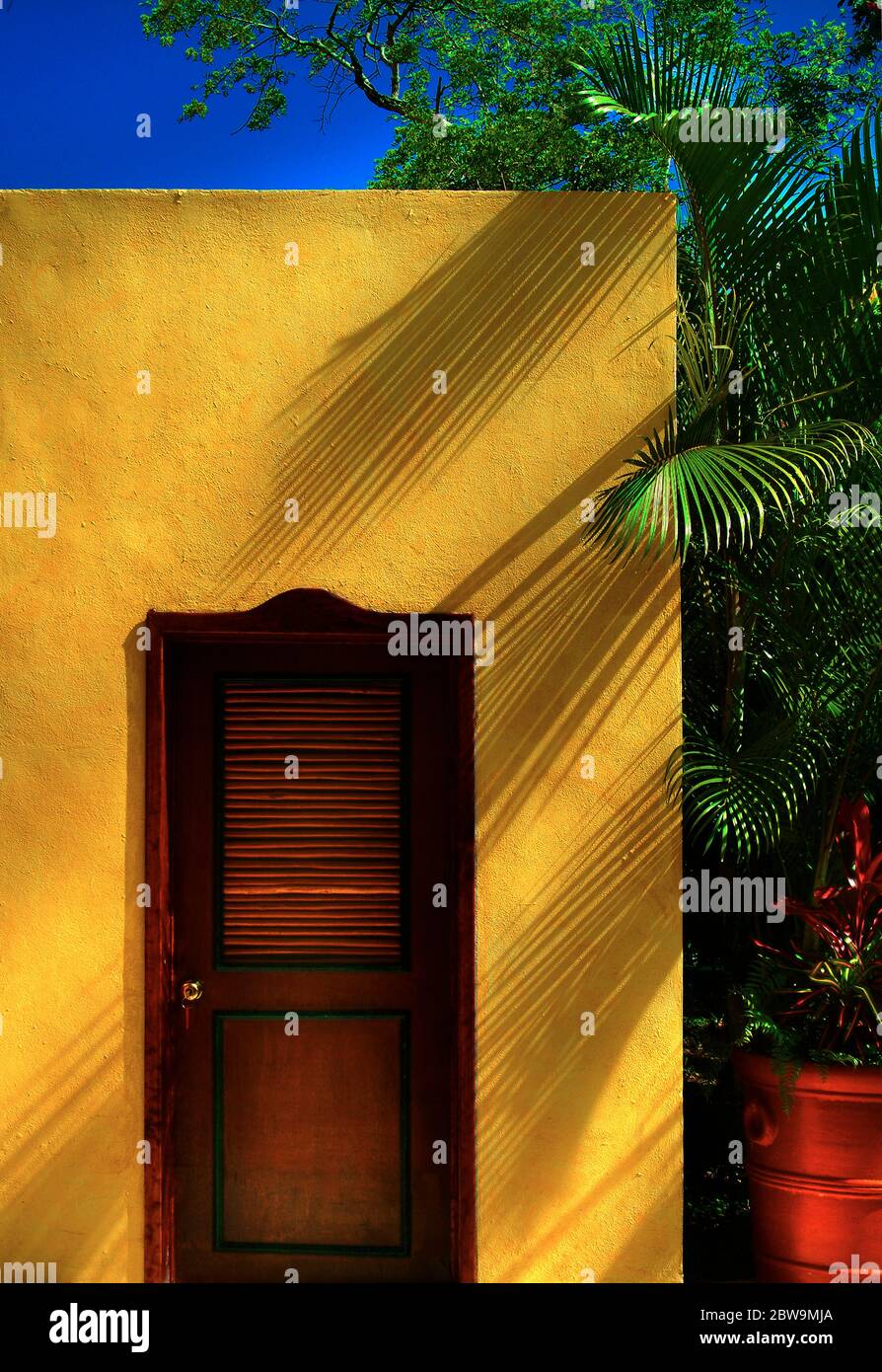 Morocco, Marrakesh, Wooden door in yellow building Stock Photo