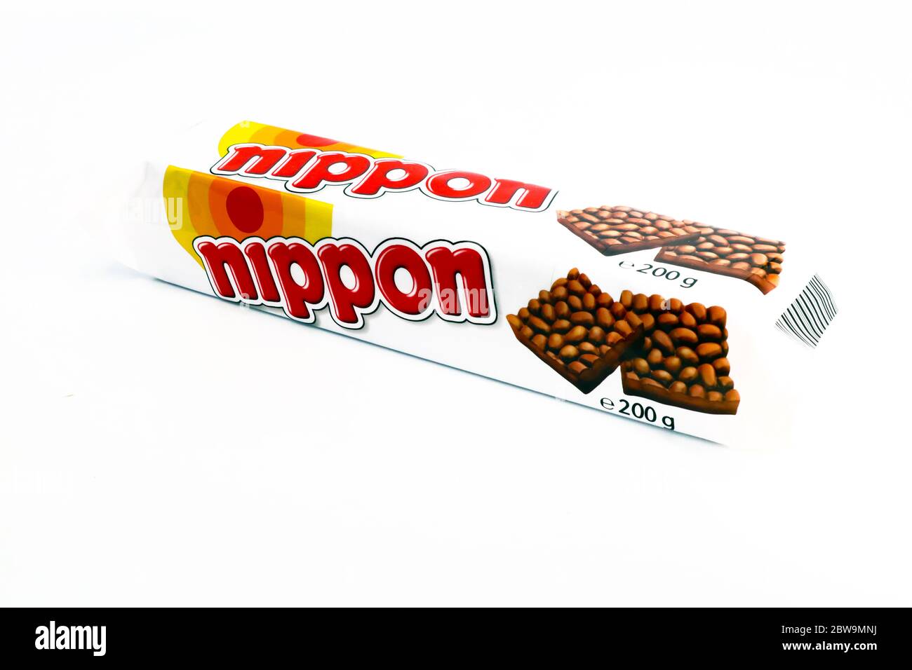 NIPPON, fluffy and light puffed rice with chocolate coating produced by Hosta Stock Photo