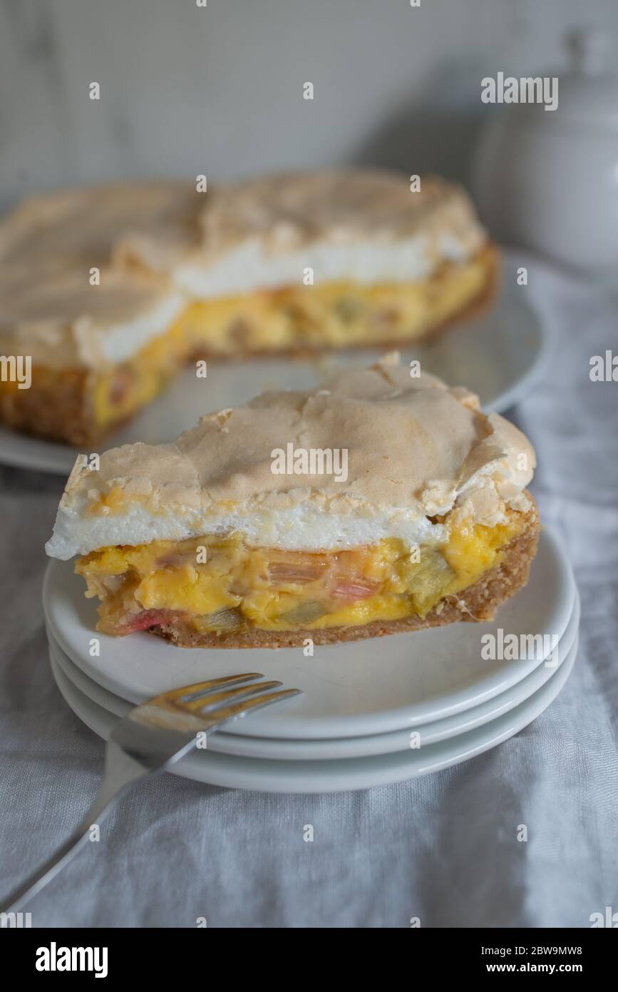 Home made rhubarb meringue cake on a plate Stock Photo