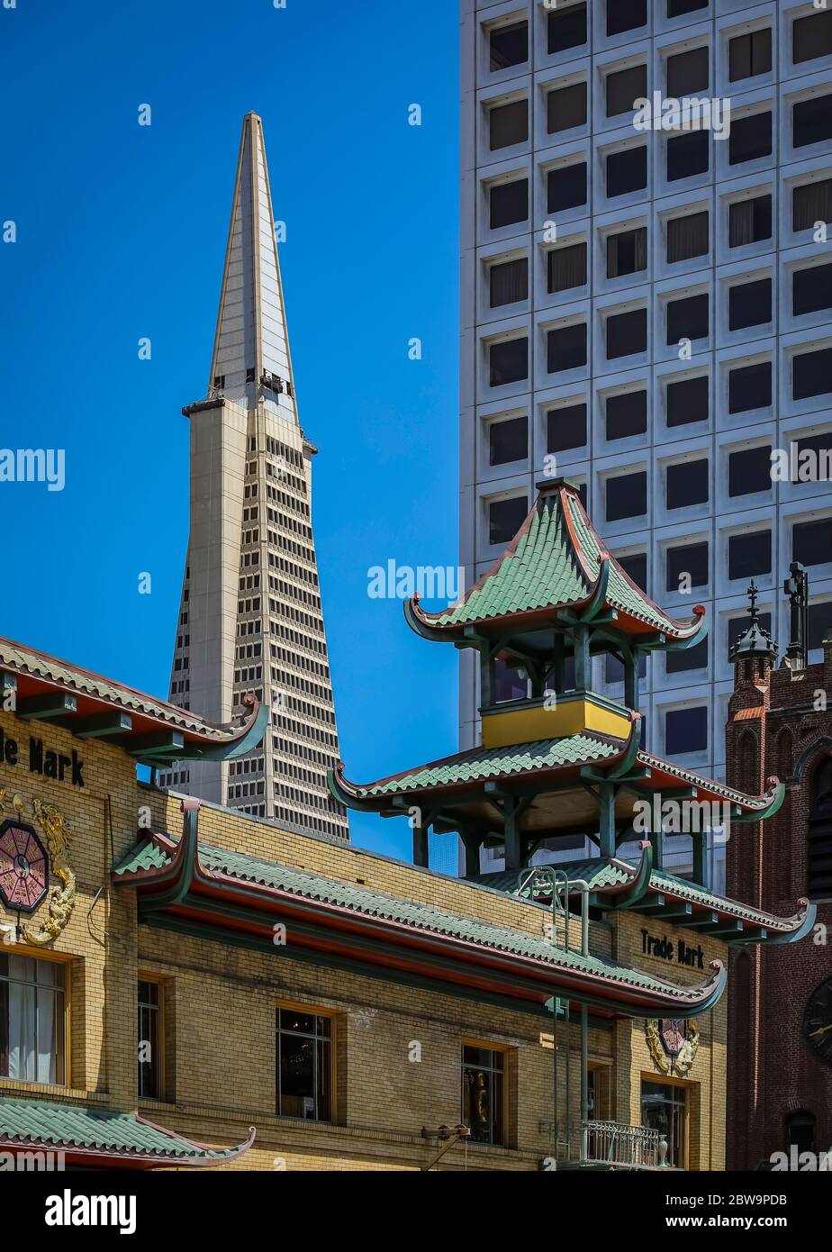 Modern buildings and historic Pagoda Tower in Chinatown near Financial ...