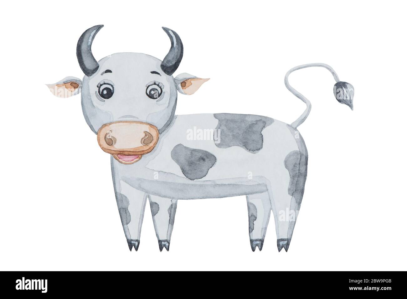 Watercolor illustration of a beautiful funny cartoon cow with black spots  isolated on white background for new year Stock Photo - Alamy