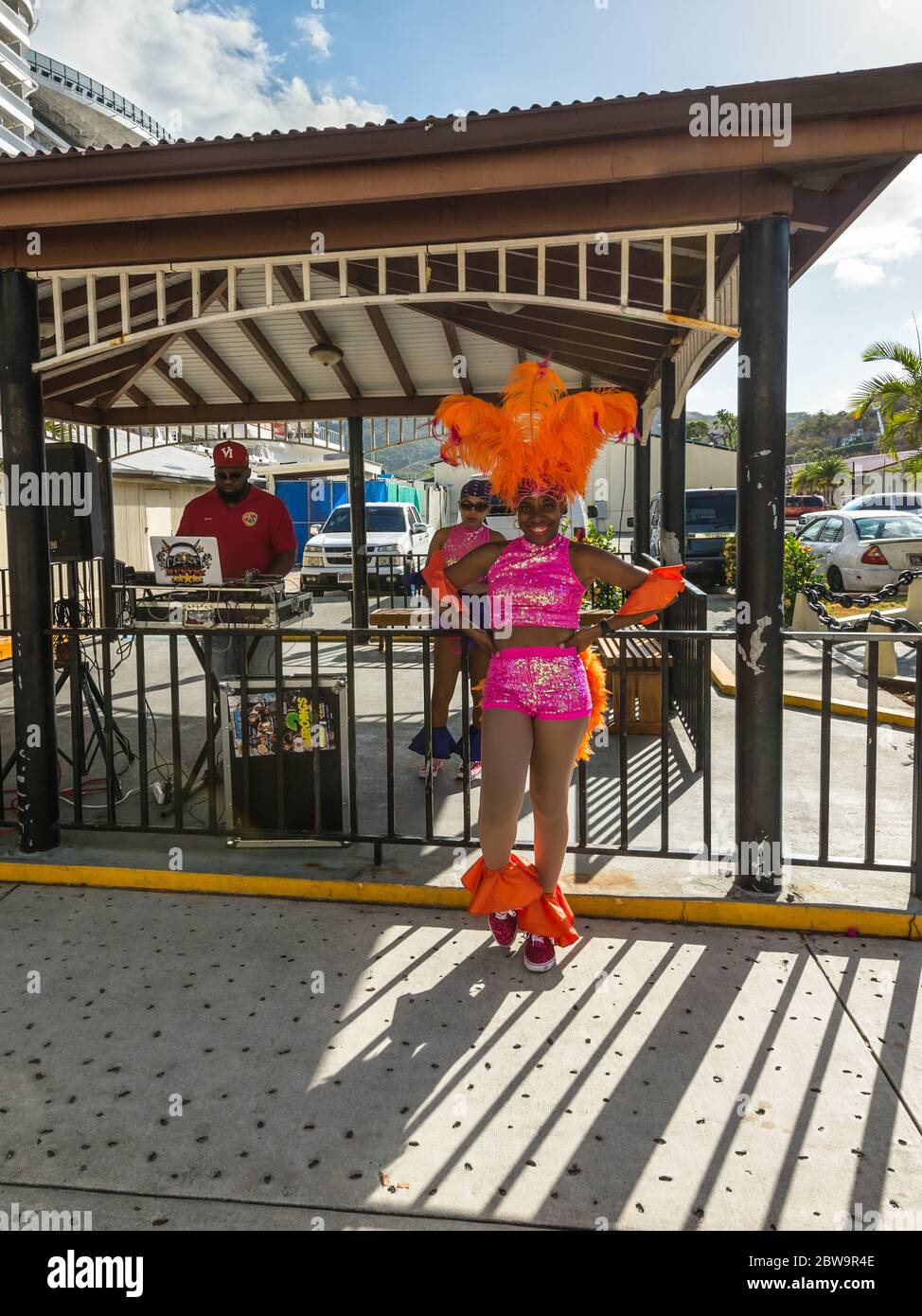 Charlotte Amalie, St. Thomas, USVI - April 30, 2019: Dancers and musicians welcome cruise ship passengers to St Thomas in the Cruise Port of Charlotte Stock Photo