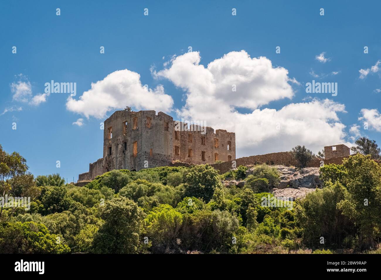 The imposing ruins of the chateau of Pierre-Napoleon Bonaparte at Torre Mozza between Calvi and Galeria in the Balagne region of Corsica Stock Photo