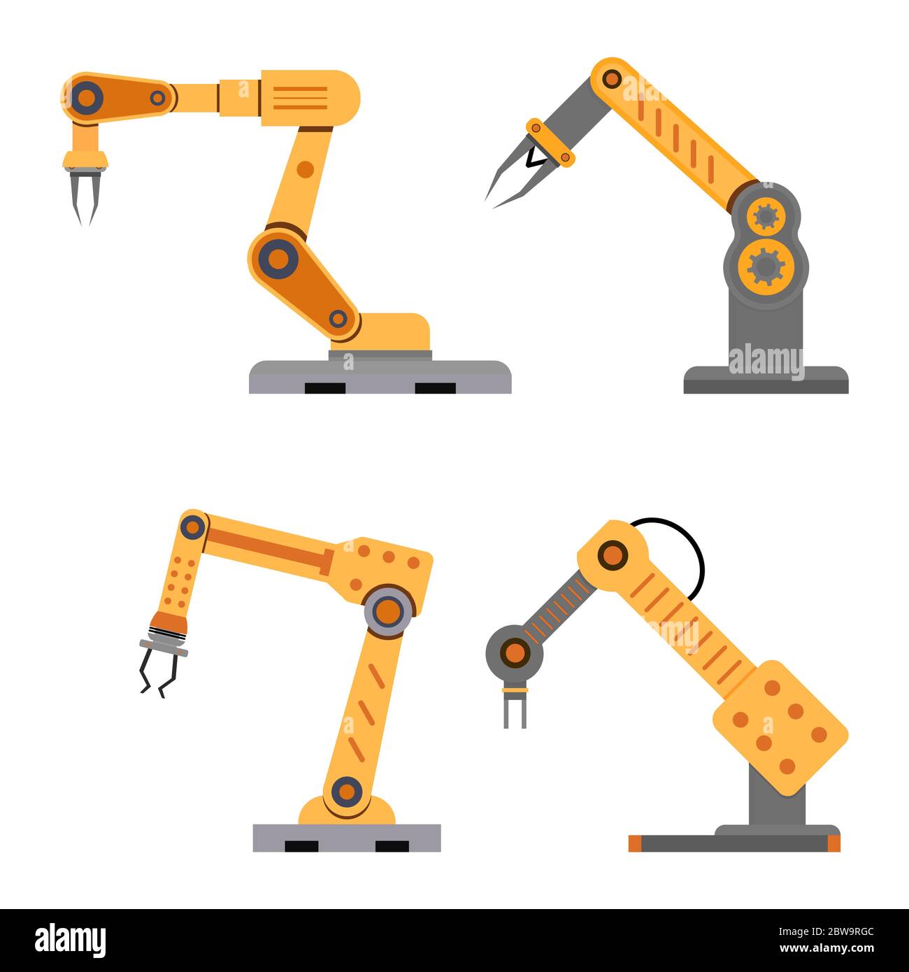 Industrial mechanical arms for assembly and manufacture. Vector conveyor mechanical robot, automation manufacturing and production, industry factory t Stock Vector
