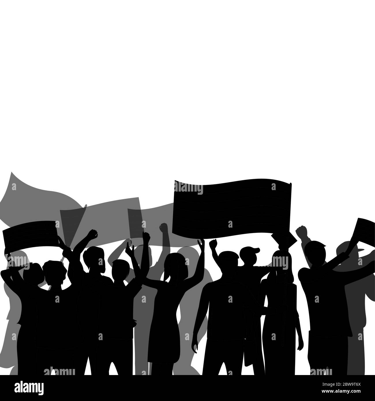 Black banner with crowd. People group meeting, resistance and activist, freedom revolution, cheering and protest, vector illustration Stock Vector