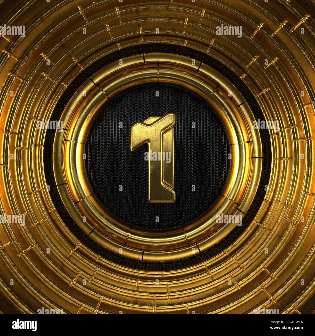 Gold number 1 (number one) with perforated black metal background and