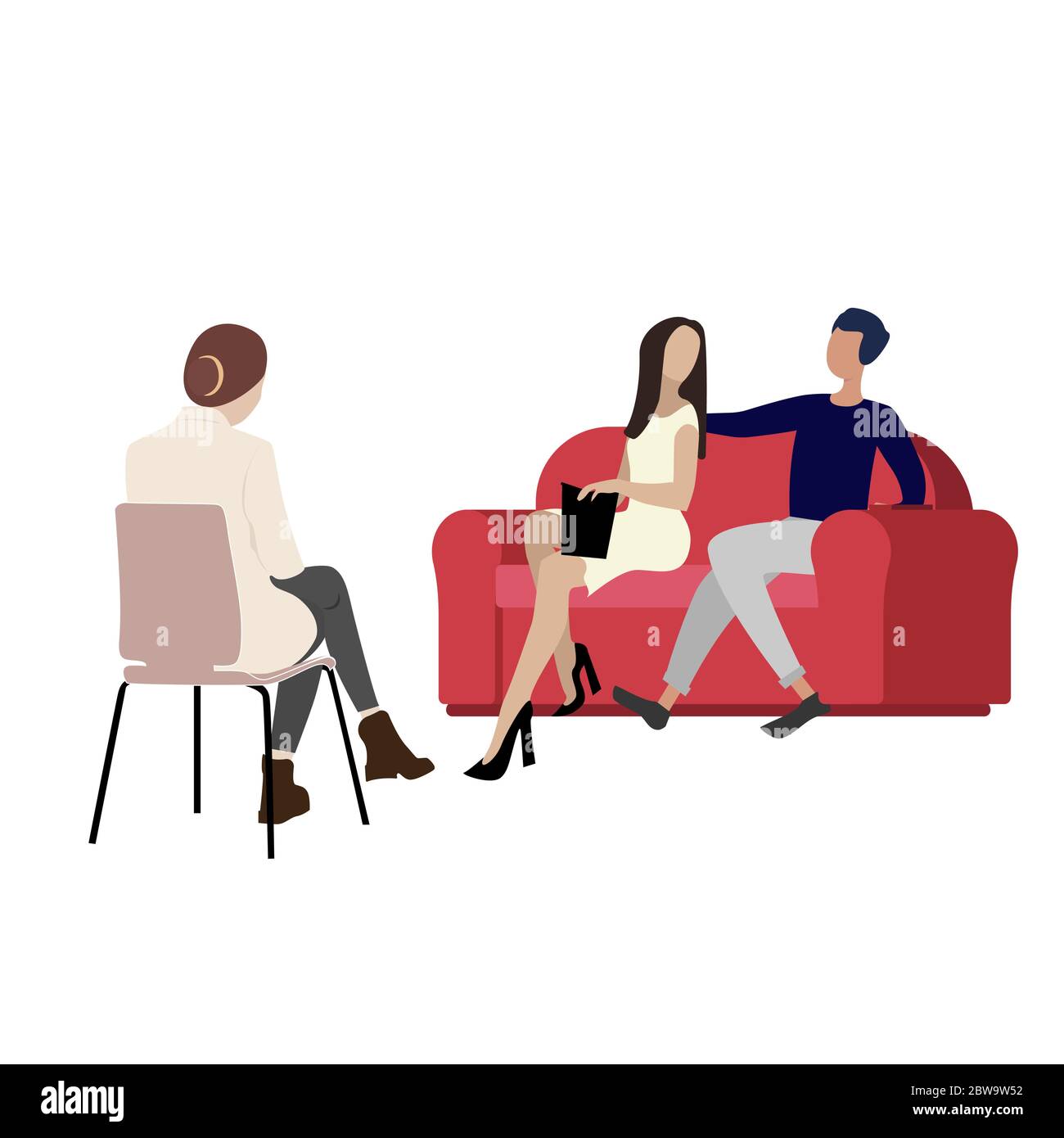 Couple woman and man visiting psychologist cabinet. Consultation psychological specialist, avoid divorce, find out decision. Vector illustration Stock Vector