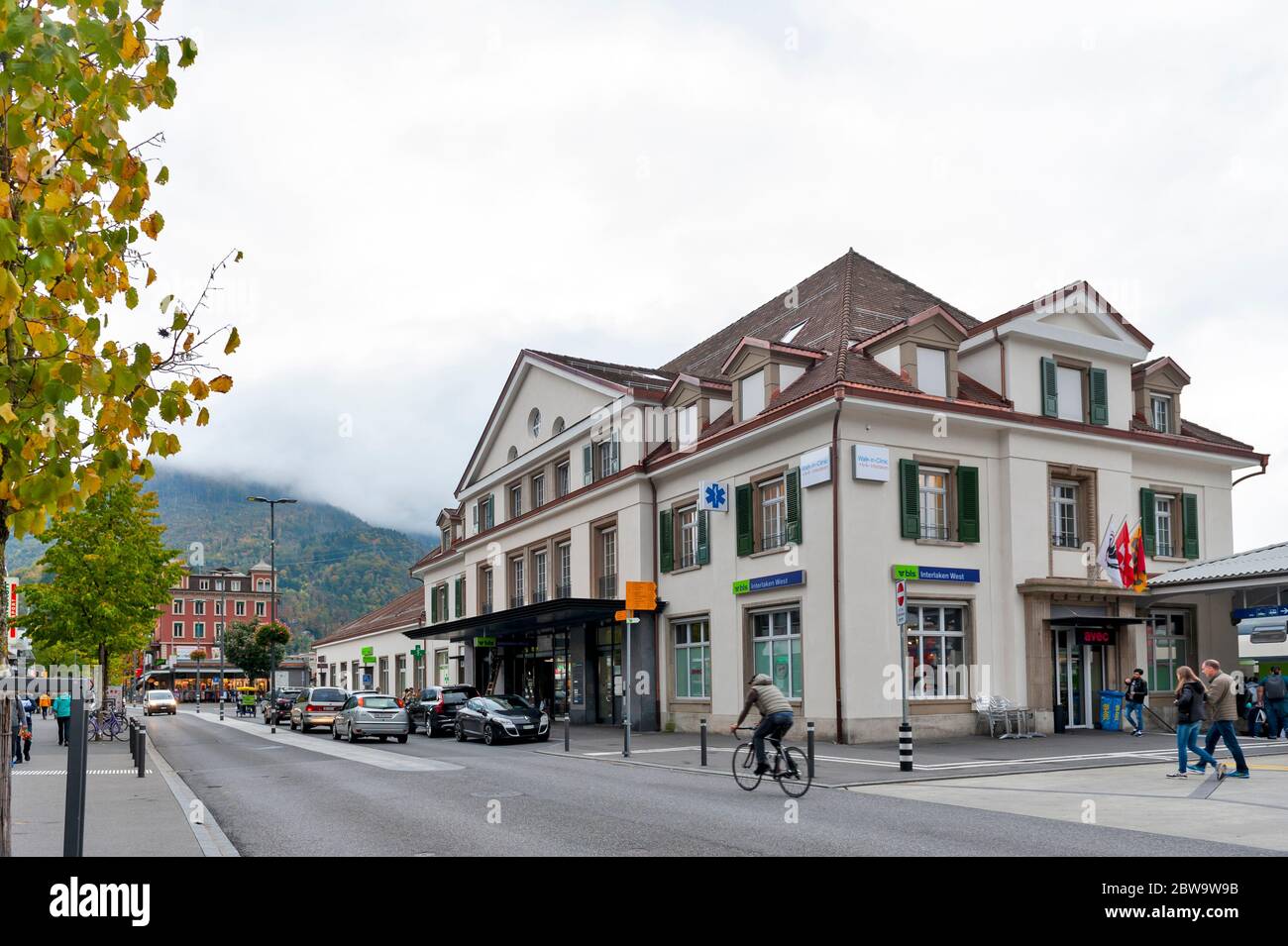Building exterior of Interlaken West railway station located on station road in downtown