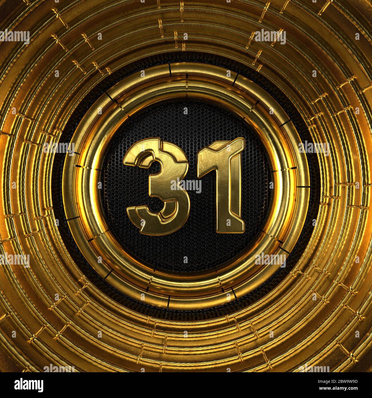 Gold number 31 (number thirty-one) with perforated black metal