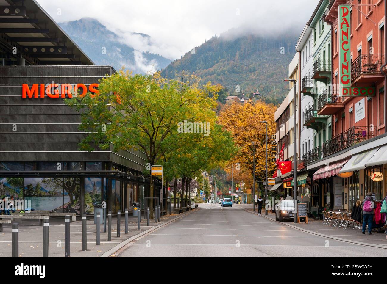 Local branch of Migros, a supermarket located on station road in downtown Interlaken, a famous resort town destination in Switzerland Stock Photo