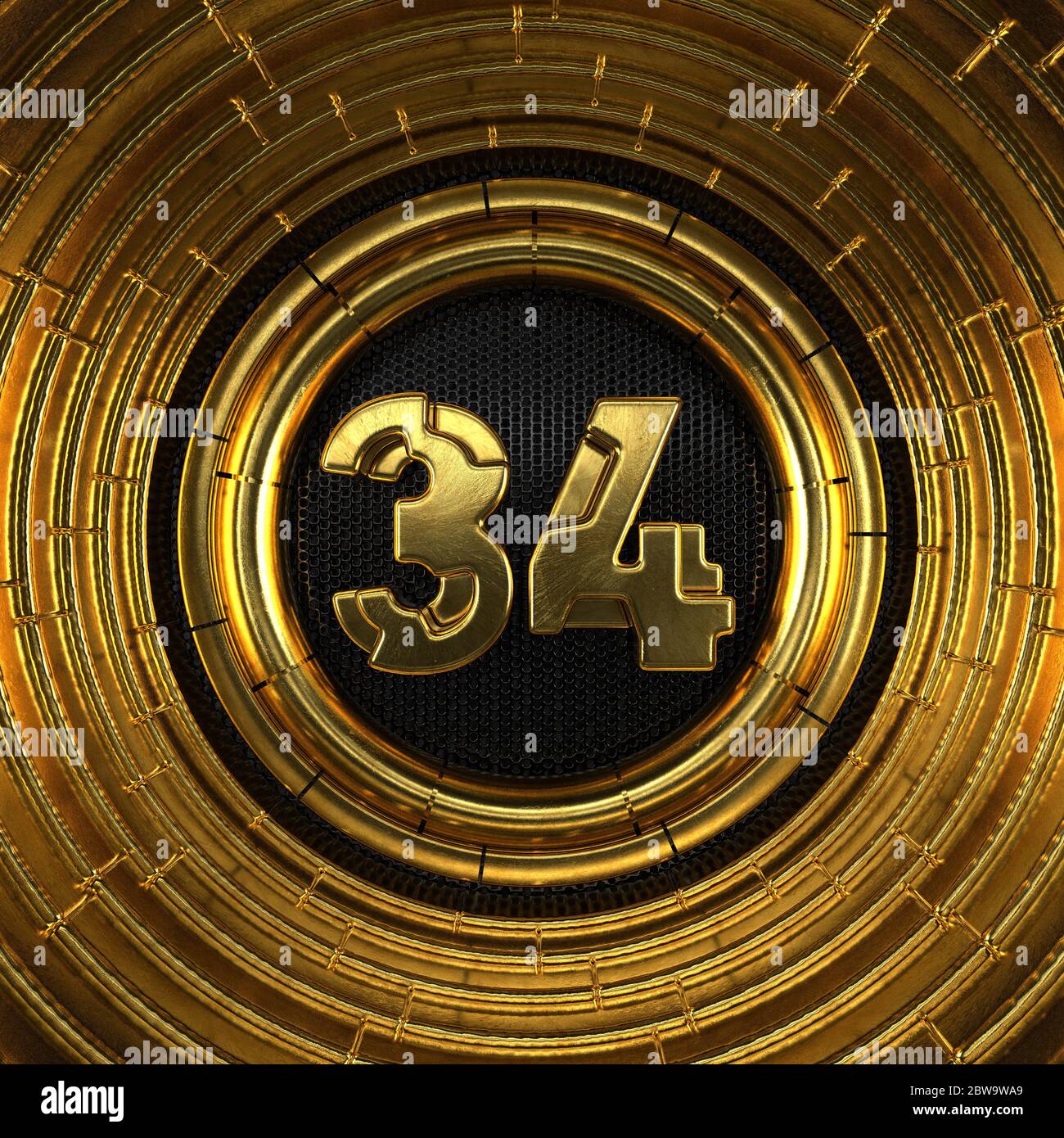 Gold number 34 (number thirty-four) with perforated black metal